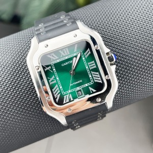 Cartier Santos Gümüş Kasa Yeşil Kadran Silikon Kordon
