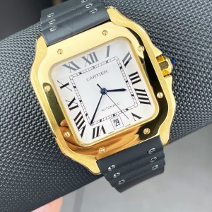  Cartier Santos Gold Kasa Siyah Deri Kordon