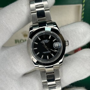 Rolex Datejust 31mm Gümüş Kasa Düz Bezel Siyah Kadran Oyster Kordon 