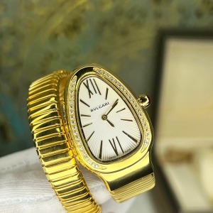 Bvlgari Serpenti Gold Kasa Beyaz Kadran Taşlı Bezel Tek Sarma
